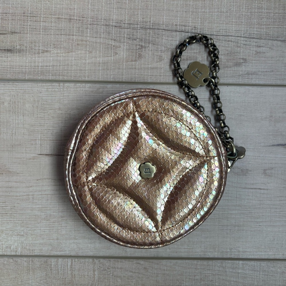 The ERIC JAVITS Snake Embossed Leather Round Wristlet Clutch Bag